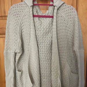 Aqua, beige open front cardigan, hooded